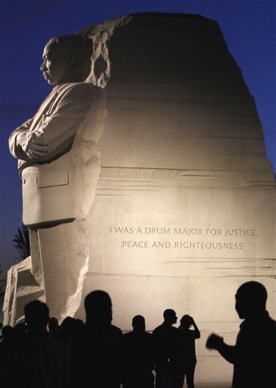 An inscription is seen Aug. 22 on the Martin Luther King, Jr. Memorial in Washington. Poet and author Maya Angelou is taking issue with a paraphrased quotation from Martin Luther King Jr. inscribed in his new memorial in Washington, saying the shortened version makes the civil rights&nbsp;is taken out of context. 